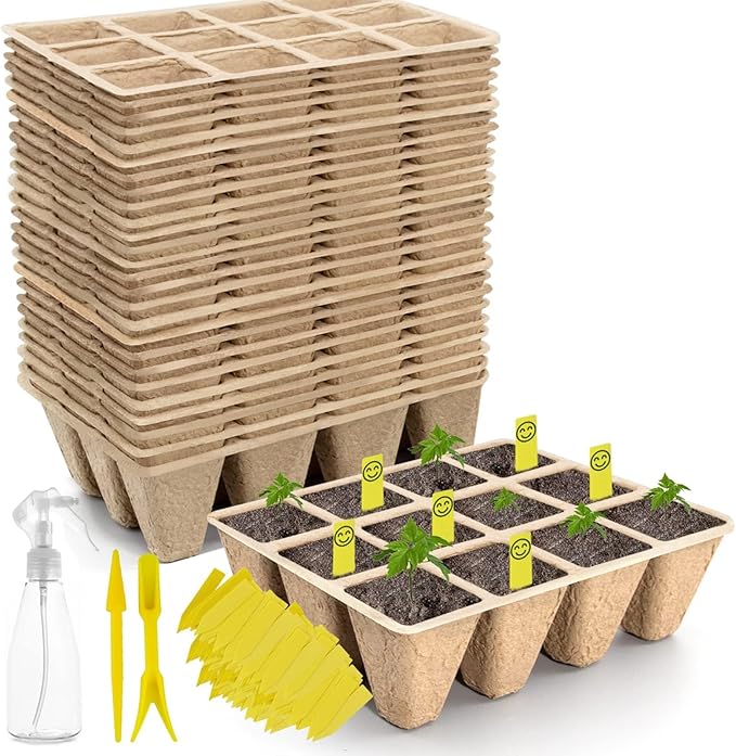 SYITCUN 480 Cells Seed Starter Tray, 40 Pack Biodegradable Seed Starter Kit, Peat Pots for Seedlings with 400 Plant Labels, 2 Seed Planting Tool and 1 Spray Bottle