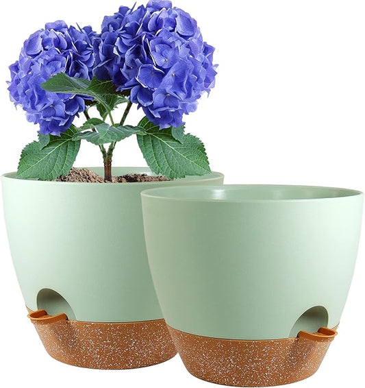 8 inch Self Watering Pots, 2 Pack Plastic Planters with Mesh Drainage Holes for Garden Plants and Flower, Plants Pots with Deep Reservoir for Indoor Outdoor Plants, Green with Brown