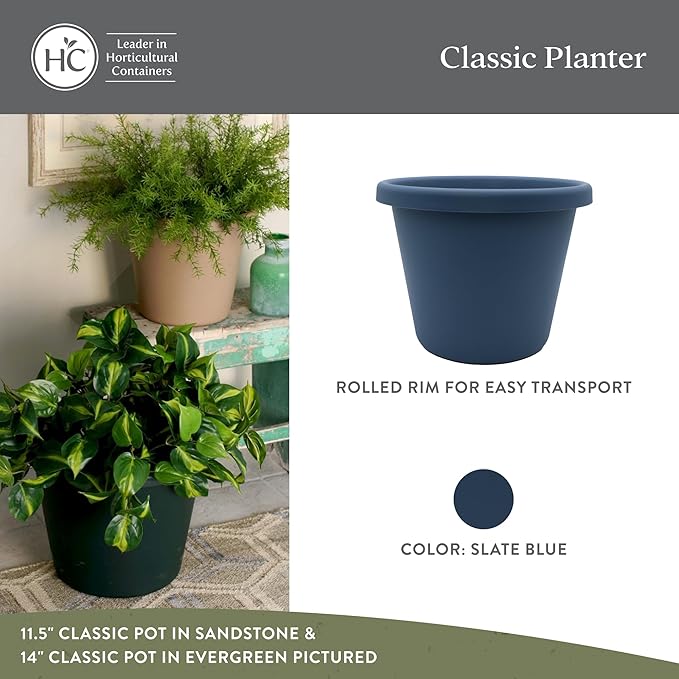 The HC Companies 14 Inch Round Classic Planter - Plastic Plant Pot for Indoor Outdoor Plants Flowers Herbs, Slate Blue