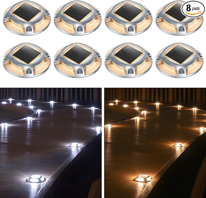 AGPTEK Solar Driveway Lights Outdoor 8 Pack, 2 Color Modes LED Deck Dock Marine Waterproof Driveway Marker Lights for Step Sidewalk Stair Garden Pathway Walkway Yard (Warm White/Cool White)