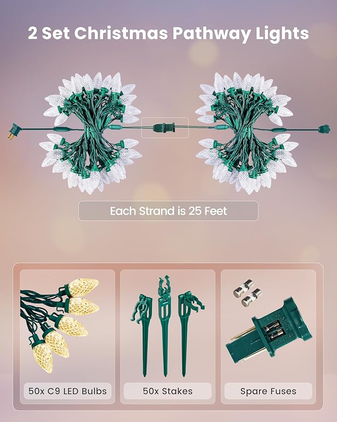 SURAIELEC C9 Christmas Pathway Lights, Walkway Christmas Lights with Warm Bulbs, Total 50 FT 50 LED, Extendable String Lights for Yard, Sidewalk, Driveway Holiday Decor, Waterproof, UL Listed