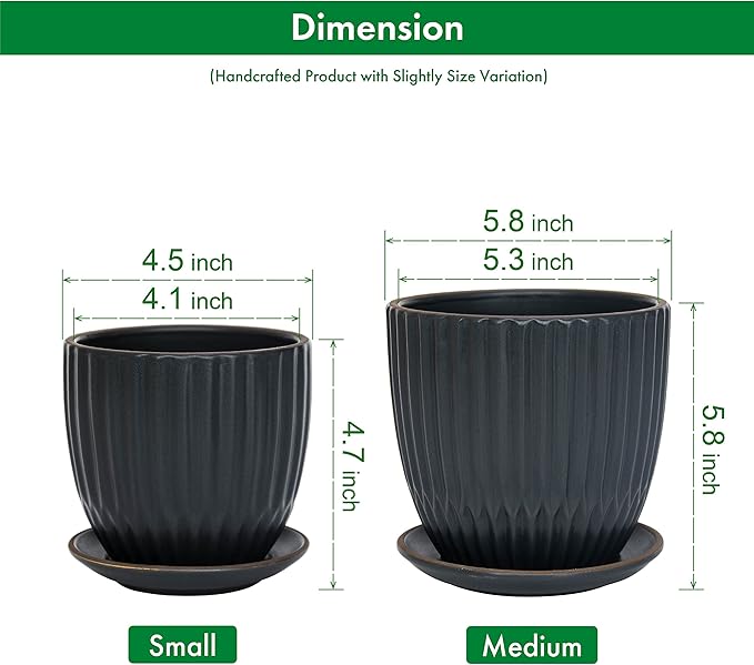 D'vine Dev Set of 2 Stoneware Planter Pot, Ceramic Pot with Drainage Hole and Saucers, 4.5 Inch 5.8 Inch, Charcoal Grey, 99-D-3