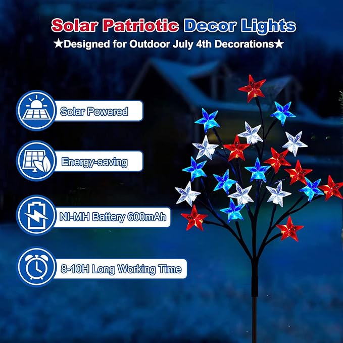 Solar 4th of July Decorations Outdoor Lights, 4-in-1 8 Modes Red White and Blue Star Stake Lights, Waterproof Solar Patriotic Decorations Outdoor for Fouth of July Memorial Day Yard Pathway Grave