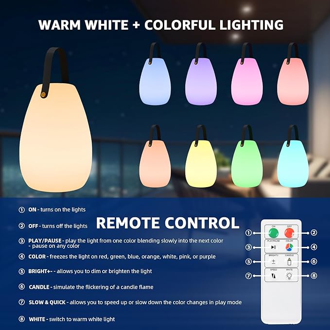uuffoo Portable Outdoor Table Lamp, Dimmable Cordless Lamp with Remote and 7 RGB Colors IP44 Waterproof Hanging Lamp Indoor/Outdoor Night Lamp Lantern for Bedroom Garden Dining Camping