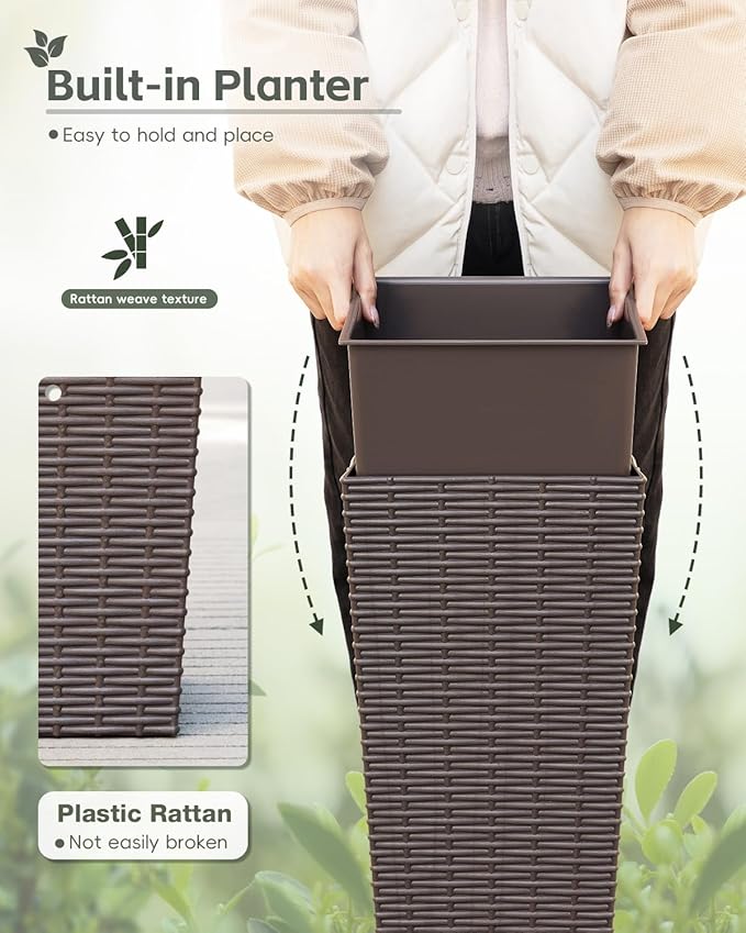 Greesum Large Tall Planter for Outdoors Plants, Set of 2, 24" Tall Plastic Flower Pots, Tapered Porch Planter with Drainage Holes for Patio, Backyard, Brown