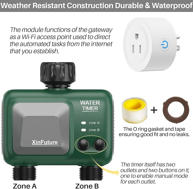 Smart Sprinkler Timer 2 Zone with Gateway, XinFuture WiFi Water Timer with Rain Delay, Manual& Automatic Watering System for Garden Hose Faucet, App& Voice Control, Outdoor Hose Timer for Yards Lawns