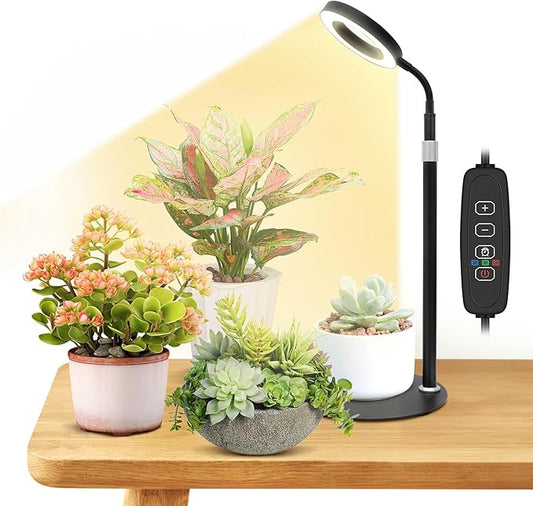 Grow Lights for Indoor Plants, Red Blue Yellow Full Spectrum Desktop Small LED Halo Plant Growing Lamps with Stand,Automatic Timer,24.2 inch Height Adjustable,10 Dimmable Levels,3 Lighting Modes,Black