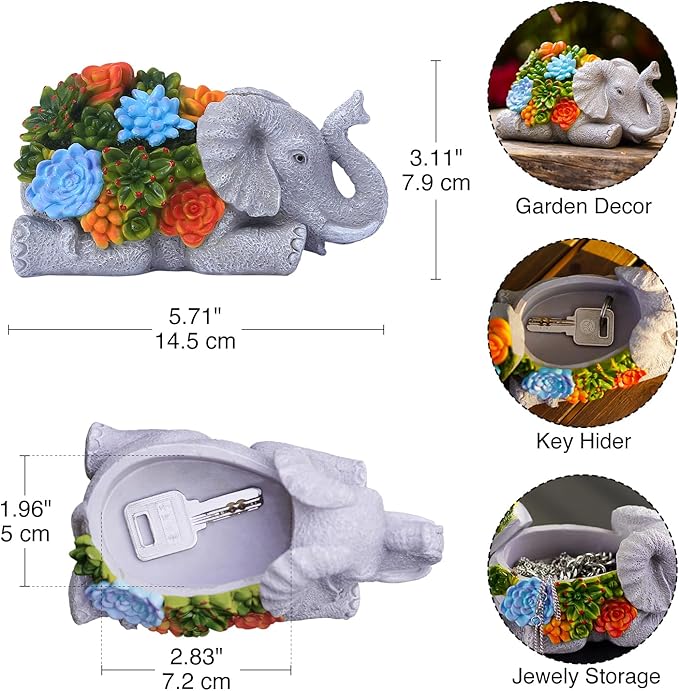 Outdoor Elephant Key Hider Statue - Cute Succulent Elephant Hide a Key Outdoor Decorative - Small Gift Box for Women, Home Decor & Elephant Gifts (Elephant)