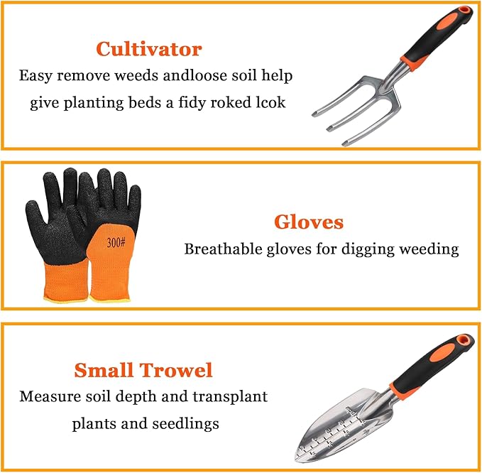 Garden Tool Set, 9 Piece Garden Tools with Non-Slip Rubber Grip with Large Garden Bag, Hand Tools for Gardening, Gardening Tools for Women Men (Orange)