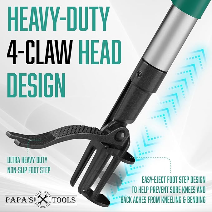 Papa's Tools Weed Puller Tool, 44" Stand Up Weeder Garden Tools & 4 Claw Steel Head, Dual Weed Eject Tech. Made With Real Bamboo & Long Wooden Handle, Yard Weeding Remover For Gardening Men & Women