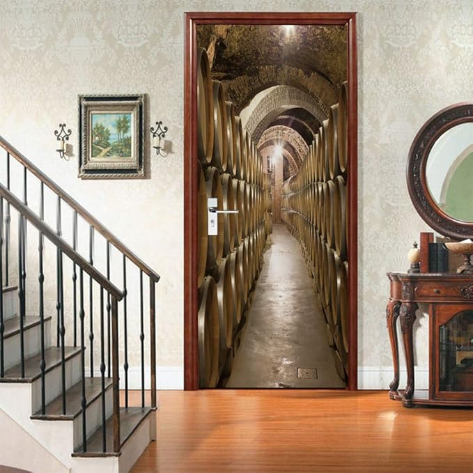 3D Door Stickers Murals - Peel and Stick Wine Cellar Theme - Removable PVC Waterproof Door Poster for Bedroom & Living Room - 34.6" x 78.7"