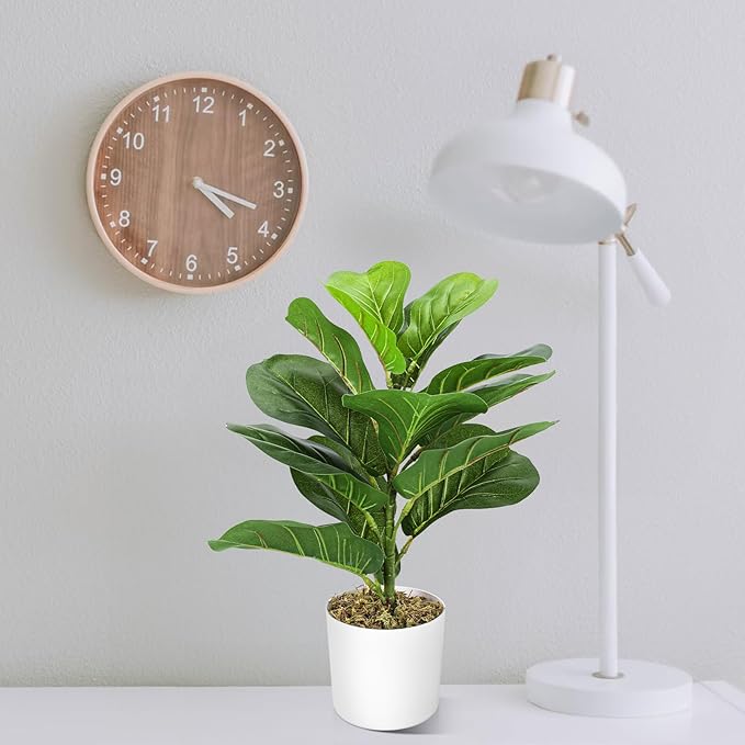 HUAESIN 18'' Artificial Fiddle Leaf Fig Tree Table Top Faux Ficus Lyrata Artificial Plants with 14 Leaves Potted Greenery Fake Plants for Home Office Living Room Balcony Indoor Modern Decoration