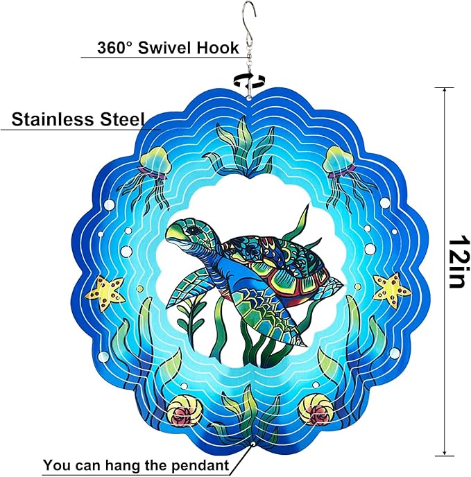 Sea Turtle Wind Spinners 3D Hanging Wind Spinner Sea Turtle Ornament Gifts for Women Mom Grandma,12inch Metal Wind Kinetic Sculpture for Outdoor&Indoor Decor, Yard Art, Garden Decoration
