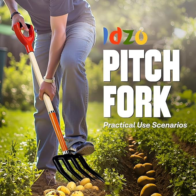 Idzo Garden Pitch Fork, 4-Tine Steel Digging Fork with 45-Inch Wooden Handle, Heavy Duty Spading Fork for Compost, Soil, Mulch, and Yard Work, Strong Y-Grip Design, Essential for Gardeners