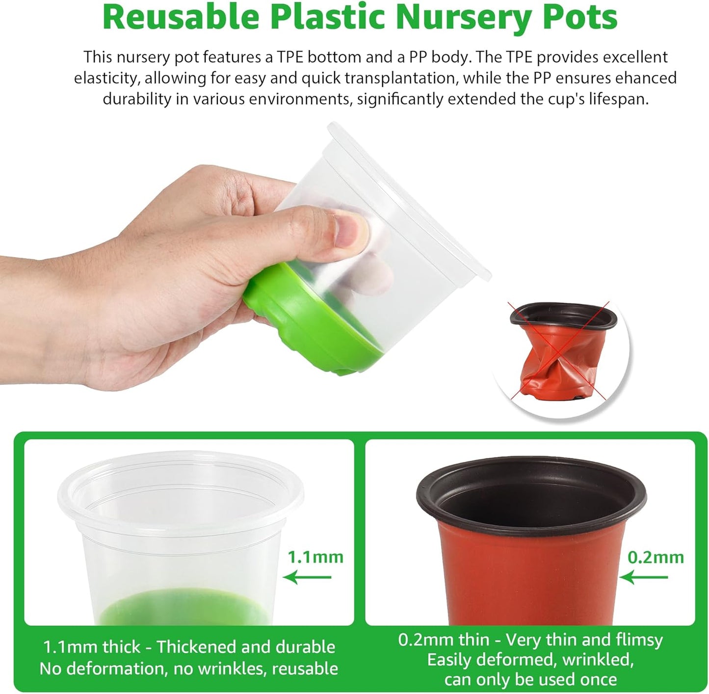 MIXC 60 Packs 4 Inch Reinforced Nursery Pots with Silicone Base for Easy Transplant, Variety Pack Plastic Plant Pot Seedling Planter Seed Starter Flower