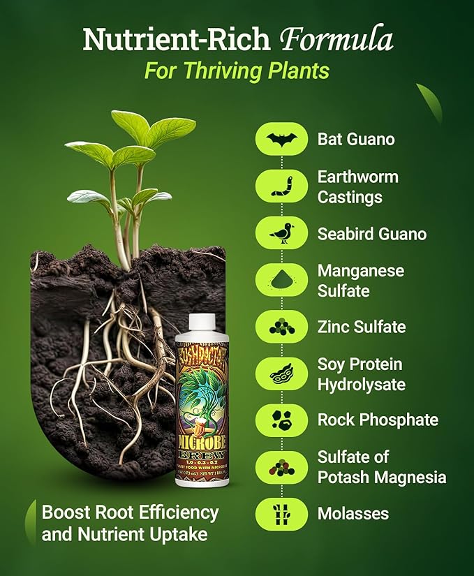 FoxFarm Bushdoctor Microbe Brew - Liquid Macro & Micronutrients, Enhances Root Efficiency, Growth & Nutrient Uptake - Soil Revitalizer- NPK 1.0-0.3-0.2 (Pint)