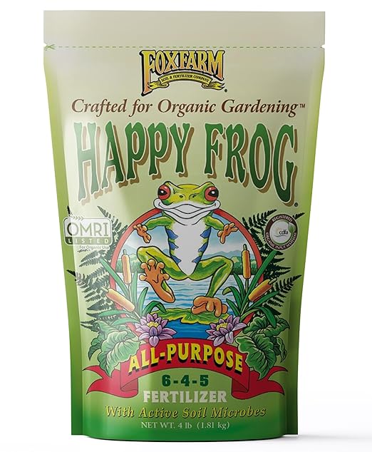 FoxFarm Happy Frog All Purpose Fertilizer - with Active Soil Microbes - Fast Acting Organic Gardening Plant Care - Nutrient Rich Plant Food Outdoor and Indoor – NPK 6-4-5 (4 lb Bag)