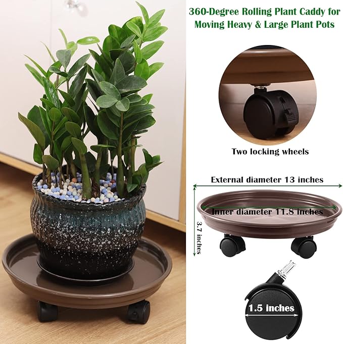 6 Packs Plant Caddy with Wheels 12" Plastic Rolling Plant Stands Heavy-Duty Plant Dolly with Casters Indoor Outdoor Plant Roller Base Plant Saucers on Wheels Plant Mover Coaster, Brown