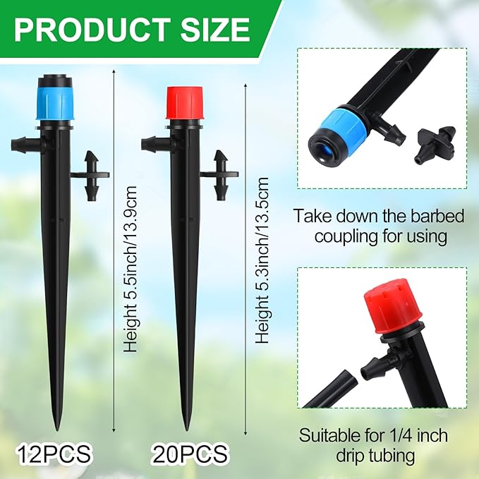 32 Pcs Drip Irrigation Emitters Drip Emitters for 1/4 Inch Tubing Irrigation Drippers Sprayer 360 Degree Water Flow Drip for Garden Flower Bed Irrigation System (Red and Blue,Double Hook)