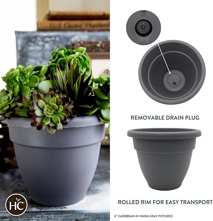 The HC Companies 6 Inch Caribbean Planter - Lightweight Indoor Outdoor Plastic Plant Pot for Herbs and Flowers, Warm Gray