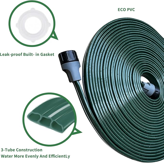 Watoo 2025 100 FT Flat Sprinkler Hose for Lawn Watering Garden Soaker Hose with Holes, Heavy Duty Lightweight No-Kink Water Hose with Stakes, Irrigation Hose, Great Fun for Kids and Dog