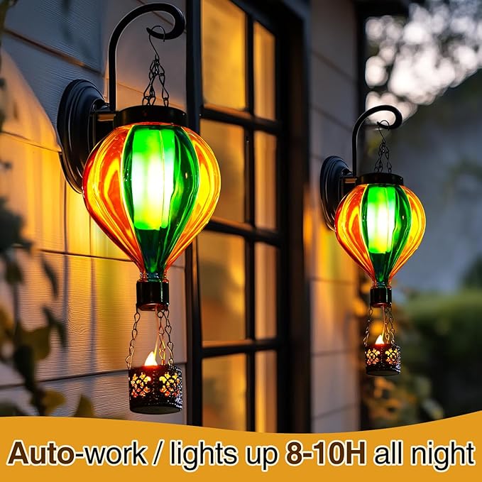 Hot Air Balloon Solar Lantern with Flickering Flame Christmas Gifts for Women Grandma Mom Outdoor Hanging Light Solar Decorative Air Balloon Lamp for Garden Patio Yard and Home (Blue & Yellow)