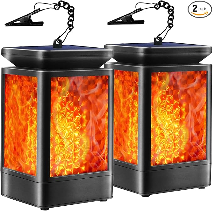 Solar Lanterns-Sunklly Hanging Solar Lights 3 Modes Changing & Fixed Waterproof Hanging Lanterns Outdoor Dancing Flicking Flame Decoration for Garden Patio Yard Pathway (2 Pack New Flame)