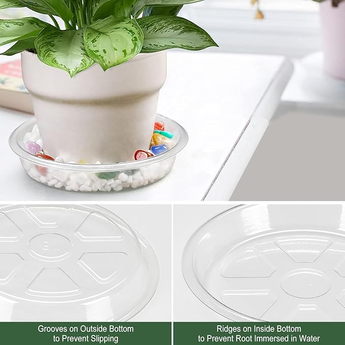 BORPEIN Plant Saucer (6,8,10inch, 18 Pack) Clear Plastic Plant Trays for Pots Indoors Outdoors,Thicker Flower Pot Saucers, Plant Plate to Catch Water