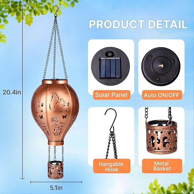 Squirrel Solar Lights Outdoor Waterproof Hot Air Balloon Metal Hanging LED Lantern Decoration Garden,Patio,Yard,Porch for Christmas Decor Gifts for Women Mom Friends
