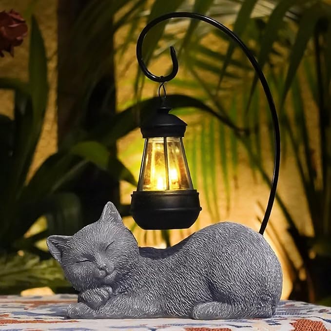 Solar Garden Cat Statues & Figurine with Solar Lantern, 13" Tall Cat Statue Garden Decor for Outside Patio Yard Lawn, Cat Figurine Outdoor Statue Ornament for Porch, Housewarming Gifts for Women