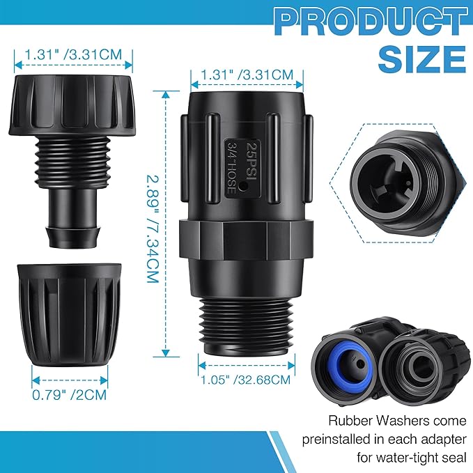 6 Pcs 25 PSI Drip Irrigation Pressure Regulator Faucet Adapter Kit, 3 Pcs 3/4" FHT x 3/4'' MHT Pressure Regulator, 3 Pcs 1/2 Inch Drip Irrigation Tubing Adapter for Drip Irrigation System