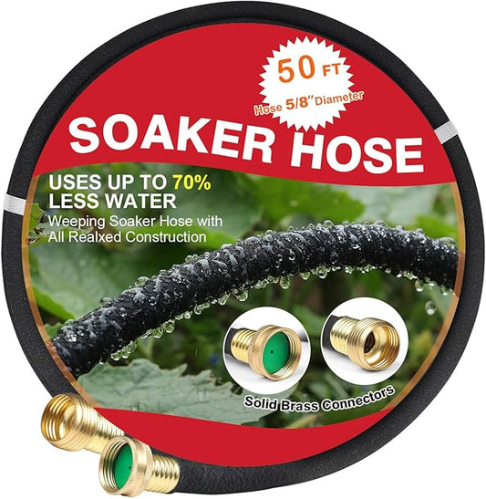 Soaker Hose 50 FT for Garden with 5/8" Diameter Irrigation Hose Save 70% of Water Solid Brass Interface Eminently Suitable for Lawn and Garden Bed Cover