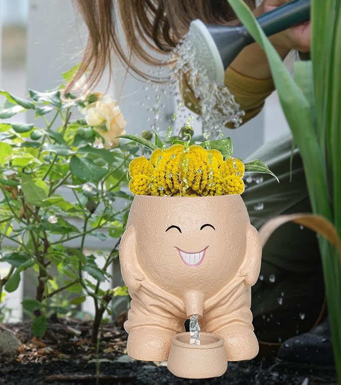 Quirky Creative Planter with Smiley Face,Naughty Boy Plant Face Pot with Drainage Hole,for Indoor Outdoor, Christmas, (Naughty Boy,Khaki)