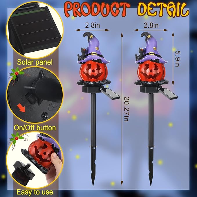 Retisee 2 Pcs Halloween Pumpkin Pathway Solar Lights Orange Jack O Lantern Stake Lights for Outdoor Halloween Decorations Yard Display LED Front Porch Decor(Witch Hat Pumpkin)