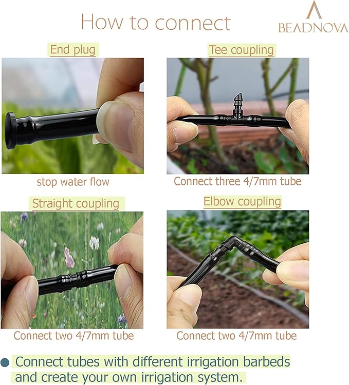 BEADNOVA Drip Irrigation Connectors 160 Pcs Mix 1/4 Inch Barbed Connector Tees Elbows Straight Couplings Drip Line Plugs Irrigation Connectors for 1/4 Inch Drip Tubing Water Tubing Gardening