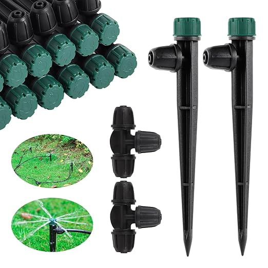 Drip Irrigation Emitters for 1/4" Drip Tubing,Adjustable 360 Degree Automatic Irrigation Drippers on 5.5" Arrow Stake,with1/4 Locked Tee for Watering System(30Pcs Drippers and 30Pcs Tee)