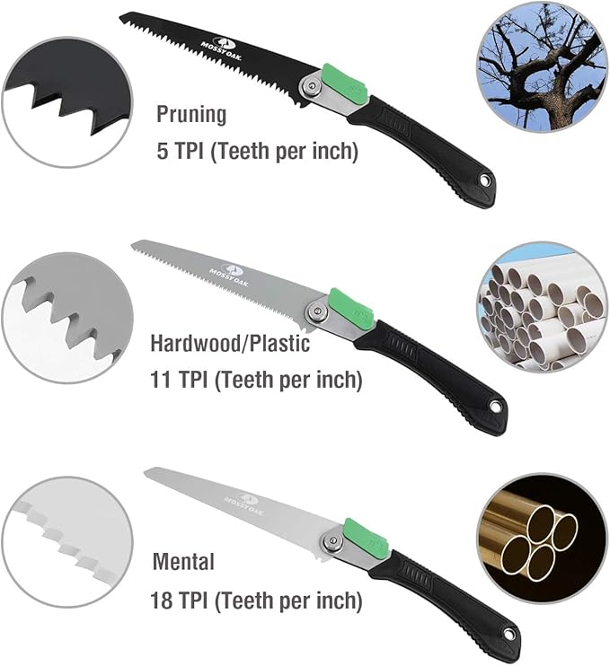 MOSSY OAK 3 in 1 Folding Saw, Pruning Hand Saw with Wood, Metal and PVC Blade, Camping Saw for Backpacking, Hunting and Bushcraft, Pouch Included