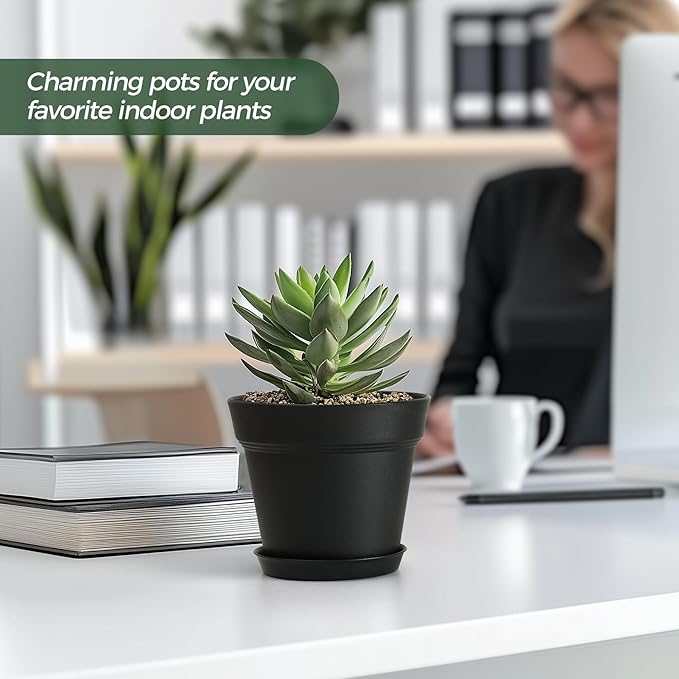T4U 5 Inch Plastic Planters 18-Pack - Small Plant Pot with Drainage Hole and Saucer, Decorative Nursery Pot Bulk for African Violet, Snake Plant, Aloe and All House Plants Indoor (Black)