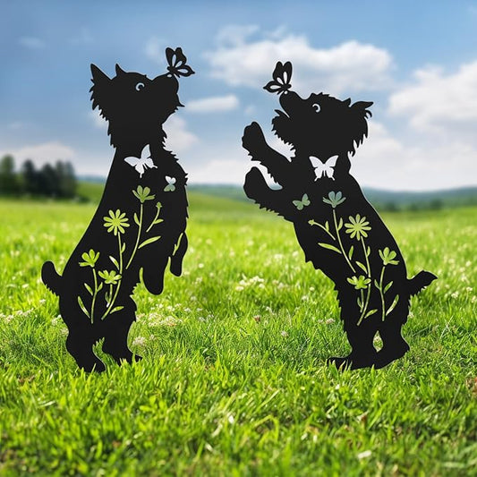 Metal Dog Garden Decor for Outside,Set of 2 Silhouette Yorkie Garden Stakes Decoratvie,Dog Garden Statues