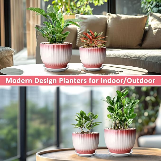6.7 + 5.5 Inch Plant Pot, Ceramic Planter with Drainage and Saucer, Ceramic Pots for Plants, Indoor Plant pots,Ceramic Flower pots（Pink + White, Plants NOT Included）