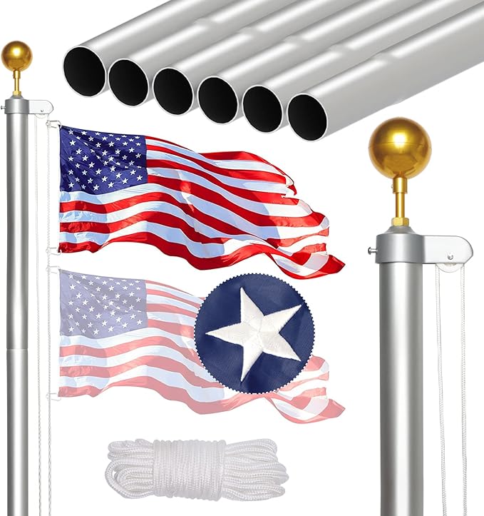 NELXINJO 25FT Sectional Flag Pole Kit, Heavy Duty Aluminum Outdoor In-Ground Flagpole, Gold Ball Top, 3x5 USA Flag for Residential Commercial Outdoor Garden(25FT, Silver)