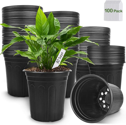 GroTheory 100 Pack 1 Gallon Nursery Pots, 6.7 Inch Plastic Pots for Plants, Plastic Flower Pots, Plastic Plant Pot, Seedling Pots for Potting, Seed, Succulent, Planting Pots with Plant Labels