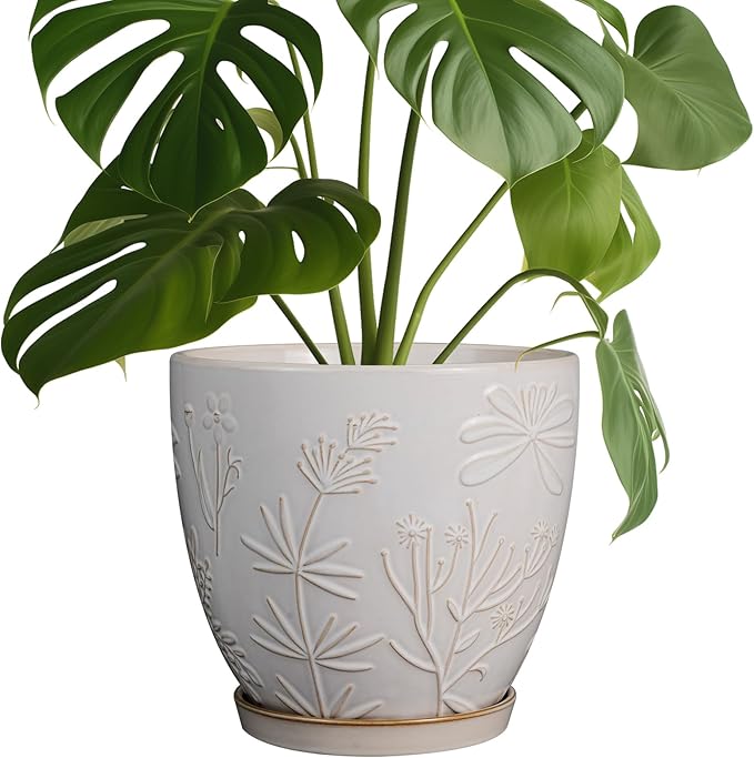 8 Inch Ceramic Pots for Plants Large Planter Pot with Drainage Hole and Saucer Round Flower Pot for Indoor Outdoor Decor, White