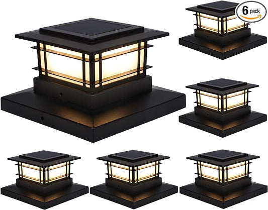Dynaming 6 Pack Solar Post Lights Outdoor, Solar Powered Fence Post Cap Lights, High Brightness Warm White SMD LED Lighting Decor for Garden Deck Patio, Fit 4x4, 5x5 or 6x6 Vinyl/Wooden Posts