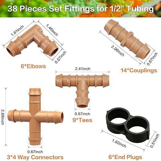 Drip Irrigation Fittings Kit for 1/2 inch Tube (0.600”ID), 38 Pieces Drip Irrigation Parts 1/2" Drip Line Connectors - 14 Couplings, 9 Tees, 6 Elbows, 6 End Caps, 3 Cross Connectors