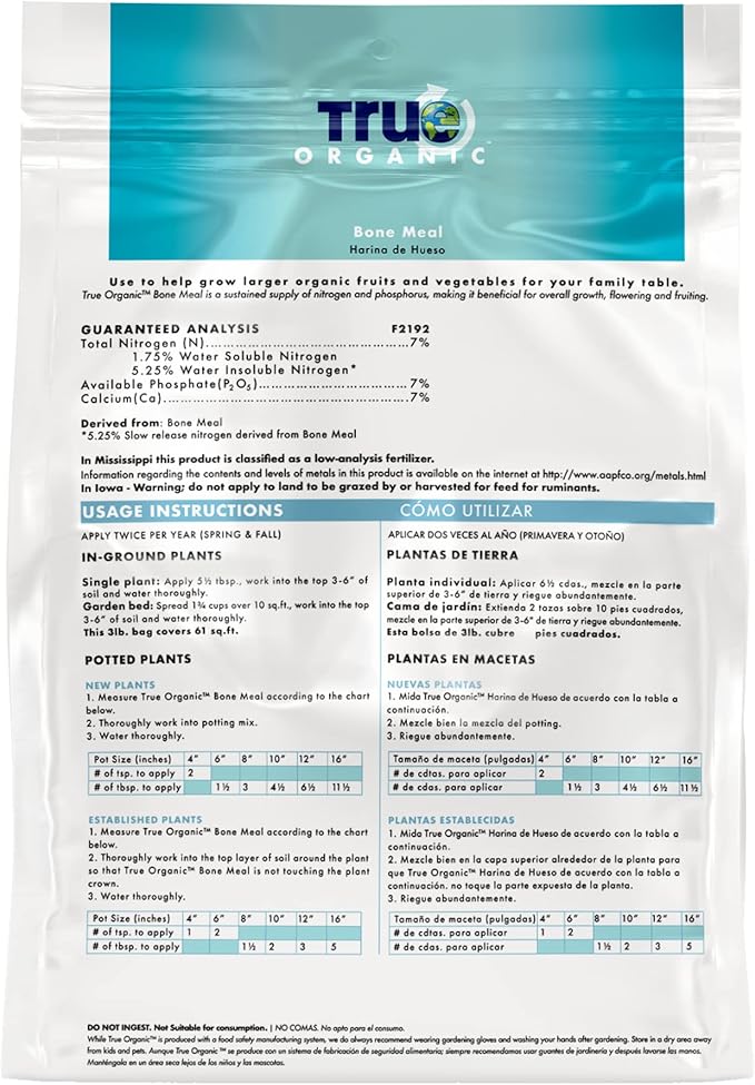 True Organic Bone Meal – Organic Fertilizer for Growth, Flowering, and Fruit Production – 3lb Bag Covers 61 Sq. Ft.