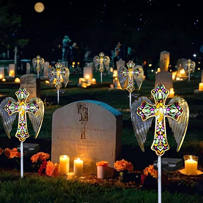 YJFWAL Solar Glass Cross Garden Stake Light, Cemetery Decorations for Grave Outdoor Lights, Jesus Cross Angel Wings Sympathy Memorial Gifts, for Easter Halloween Garden Lawn Yard Patio Decor