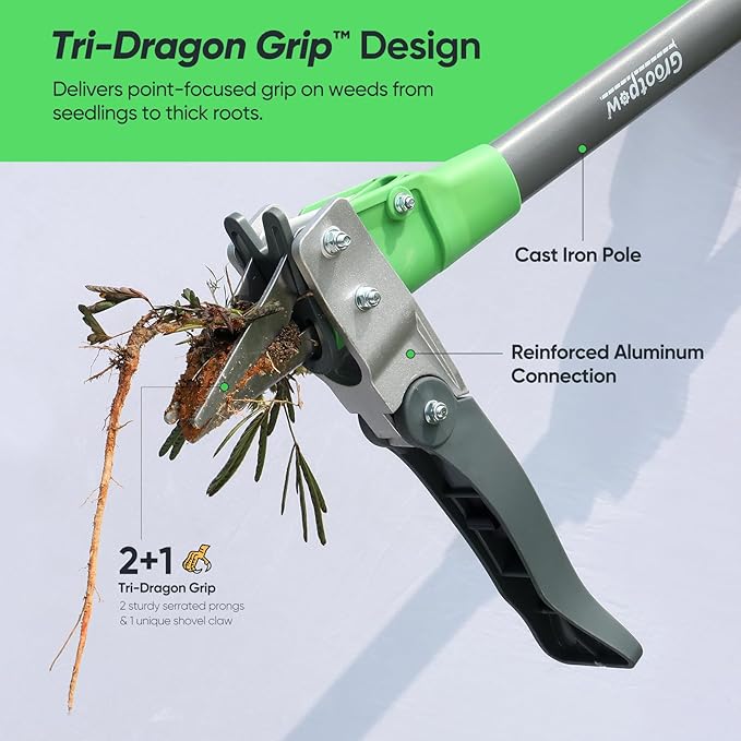 WP5 Weed Puller Tool, Stand Up Dandelion Weeder with 40" Handle, 3 Claws & Fiberglass Foot Pedal, Weeding Tool Made with Cast-Iron, Easily Remove Weeds Without Bending or Kneeling