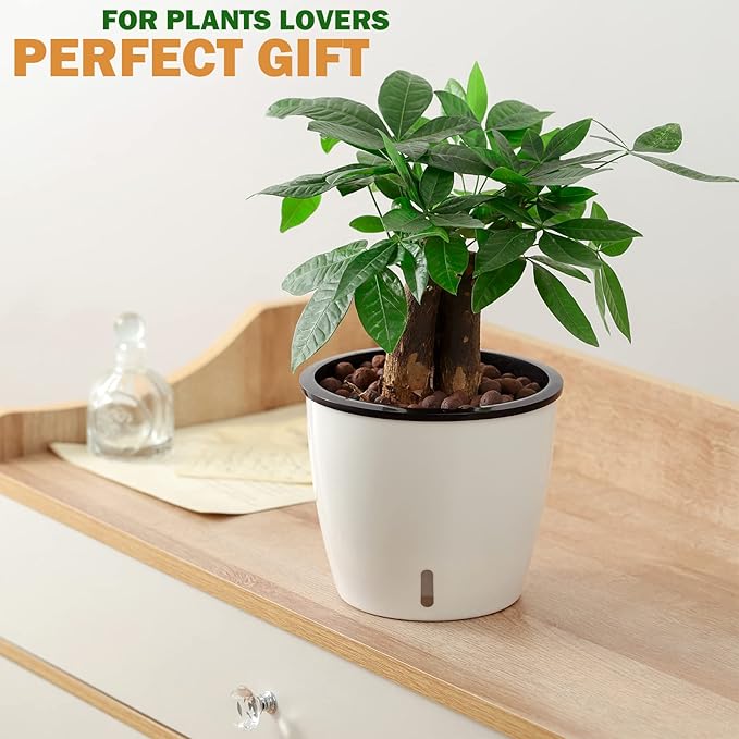 Planterhoma 6.7 Inch Self Watering Pots for Indoor Plants, 4 Packs White African Violet Pots with Water Indicator and Black Wick Pots, Self Watering Planters for Devil's Ivy, Indoor Plant Pots