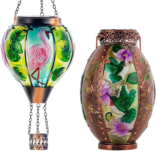 Starsoul Flamingo + Hummingbird Solar Lantern Solar Hot Air Balloon Flickering Flame Hanging Garden Light Stained Glass & Metal Outdoor Lantern Waterproof Hummingbird Hanging Lantern